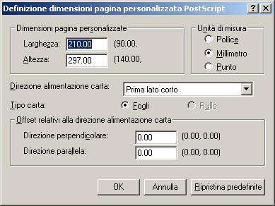 Selezionare Dimensione personalizzata pagina PostScript dal menu Formato.