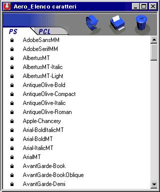 4-12 Trasferimento di file e font PER VISUALIZZARE LE INFORMAZIONI RELATIVE AI FONT, AGGIORNARLI, STAMPARLI E CANCELLARLI Selezionare Elenco dei caratteri dal menu File o fare clic sul pulsante