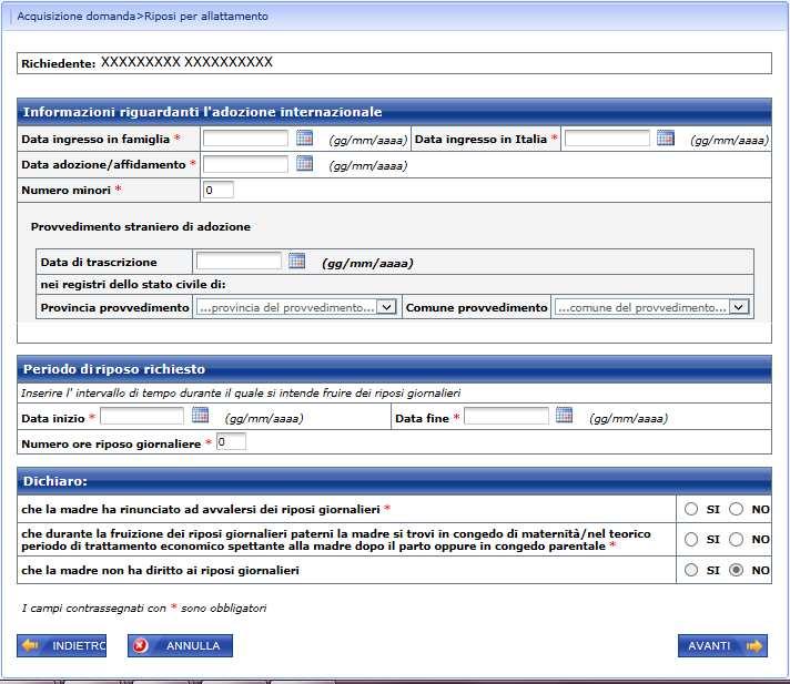 Figura 21 DATI DOMANDA PADRE ADOZIONE/AFFIDAMENTO INTERNAZIONALE (PLURIMO) Le informazioni sono tutte obbligatorie, tranne quelle relative alla sezione Provvedimento straniero di adozione.