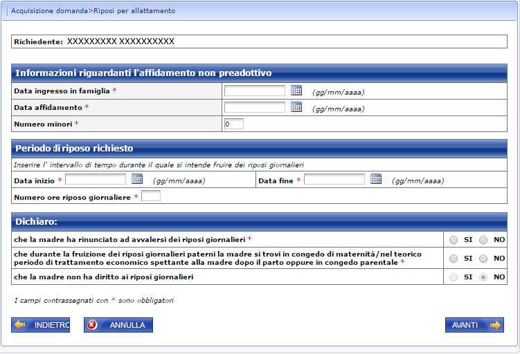 Figura 22 DATI DOMANDA PADRE AFFIDAMENTO NON PREADOTTIVO (PLURIMO) Le informazioni sono tutte obbligatorie.