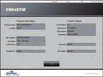 3. Controllo web 3.2 Crestron e-control (continua) 3.2.3 Finestra Info 1 2 Visualizza le impostazioni e lo stato del proiettore correnti. Fare clic sul pulsante [Exit] per tornare alla finestra Main.