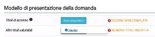 In fase di inserimento domanda, il sistema darà la possibilità di inserire i dati di interesse. Tutte le sezioni della domanda sono gestite con le stesse modalità.