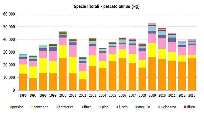 Figura 18. Andamento annuo del pescato (kg) dal 1978 al 2010, relativo alle specie litorali.
