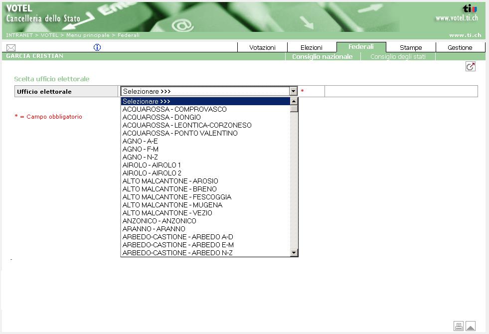 10.3 Scelta dell Ufficio elettorale Scegliere dal menu Federali e Consiglio nazionale, selezionare dalla lista l Ufficio elettorale e premere il tasto Avanti.