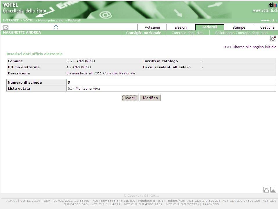 10.7.3 Modifica delle informazioni di un plico Dalla Figura 3: Menu principale, pagina 10, selezionare Immissione schede variate. Inserire il numero del plico desiderato e premere Avanti.