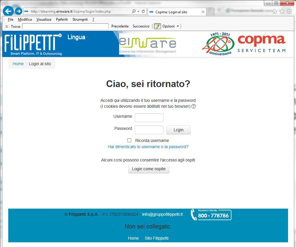 Manuale per corsi di formazione Elearning Collegarsi al sito: http://elearning.eimware.it/copma/login/index.