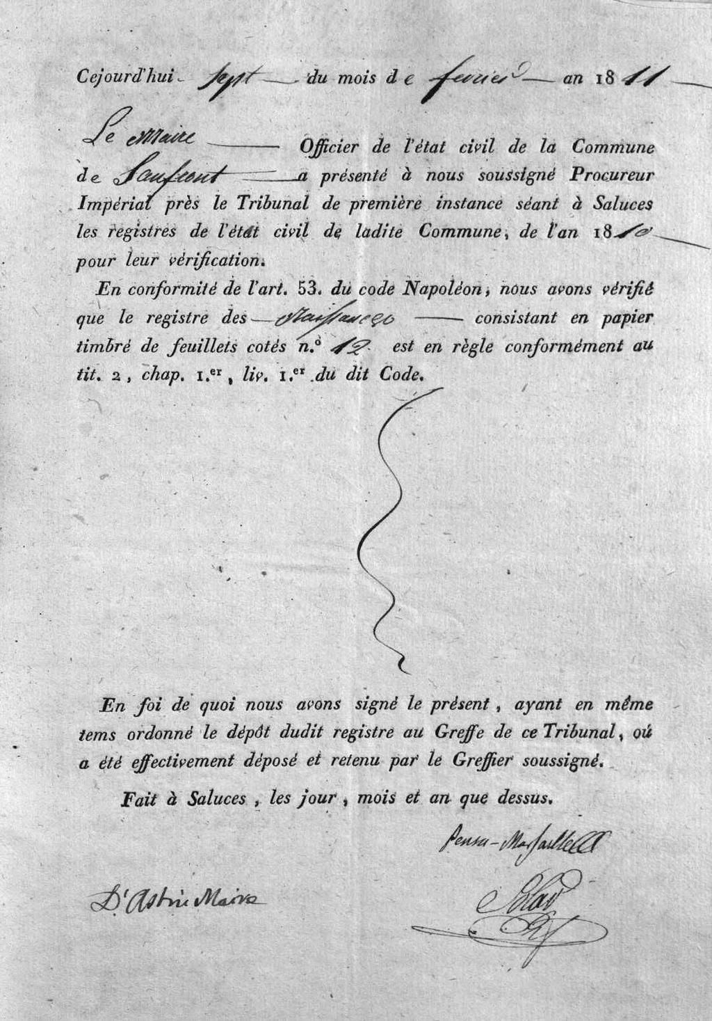 All inizio dell anno seguente, il Maire si recava a Saluzzo al Tribunal de première instance con una copia dei registri dello stato civile dell anno passato. In conformità all art.