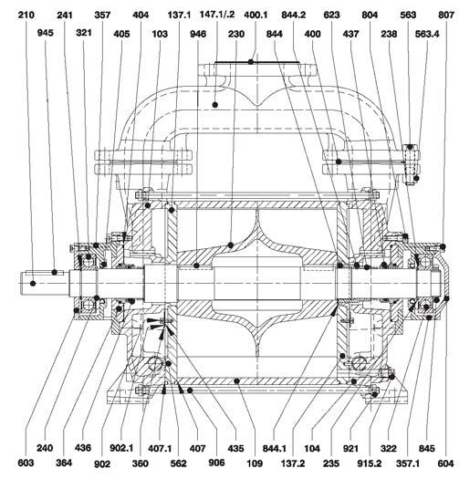 SEZIONE E NOMENCLATURA SECTIONAL DRAWING AND PART LISTS DEX 600-800 DEX 1200-1800 Pos. Denominazione - Description 103 Corpo aspirante-premente l.c. / D.E. suction-discharge casing 104 Corpo aspirante-premente l.