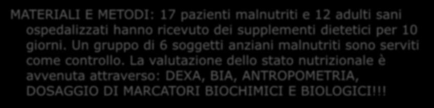 Nutritional status after short-term dietary supplementation in hospitalized malnourished geriatric patients (Boc C at al: Clin Nutr, 2001) OBIETTIVO: Esaminare l evoluzione dei diversi parametri