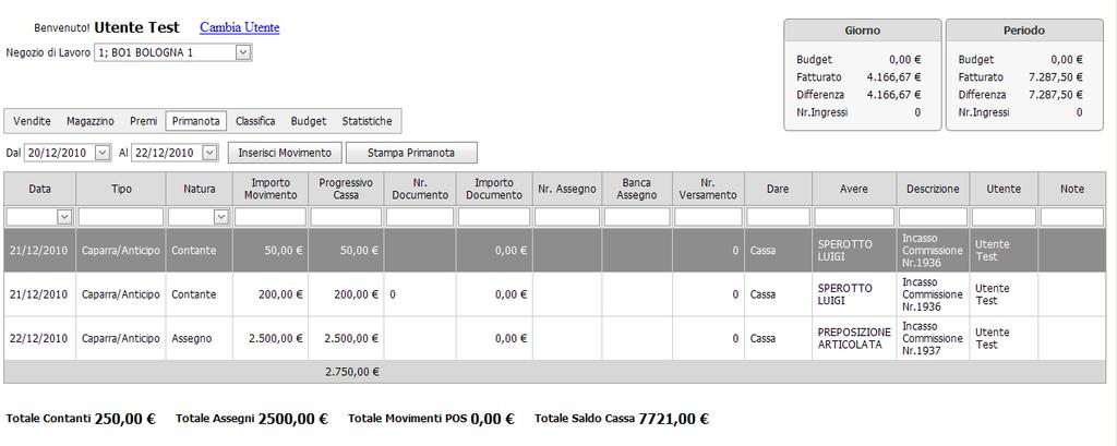 PASSO 15 prima nota In prima nota vi sarà possibile visualizzare tutti i movimenti contabili del negozio. NB.