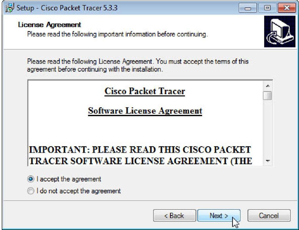 Passo 2 Si apre la finestra "Installazione - Cisco Packet Tracer 5.3.3" Fare clic su Avanti. Viene visualizzata la schermata "Contratto di licenza".