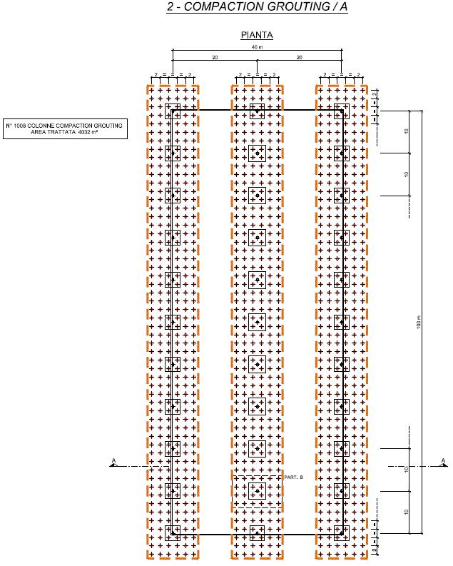 La prima tecnologia è volta consolidare tre fasce di terreno di circa 12m x 112m, in corrispondenza dei pilastri dell edificio. La massima profondità di ogni perforazione sarà di circa 12.5 m da p.c., la lunghezza del trattamento di 8 m, il diametro medio reso nella fascia consolidata di 600mm.