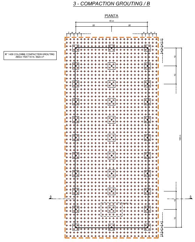 L intervento consiste nella realizzazione di una serie di trattamenti tale da individuare una maglia quadrata di circa 2 m di lato. La massima profondità di ogni perforazione è di circa 12.5 m da p.c., la lunghezza del trattamento di 8 m, il diametro medio reso nella fascia consolidata di 600 mm.