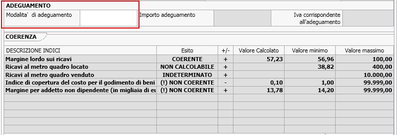 E' possibile anche effettuare l'adeguamento e riportarlo direttamente in dichiarazione, selezionare la casella Modalità di adeguamento direttamente dal quadro del calcolo di congruità.