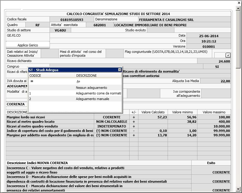 E' possibile anche importare file di studi settore realizzata con Gerico 2014 selezionando dal menù Importa/Esporta il comando Gerico 2014.