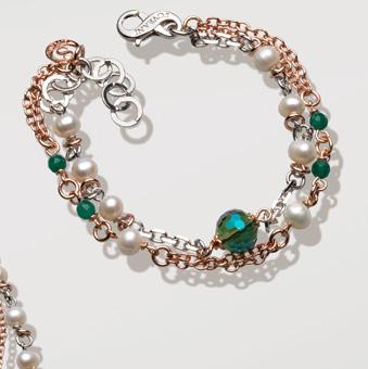 RENAISSANCE FLORISSANTE Parure in ottone con finitura oro rosé e rodio, con agata verde, perla