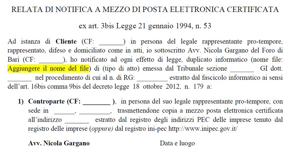 RELATA DI NOTIFICA DI DUPLICATO INFORMATICO http://www.cspt.