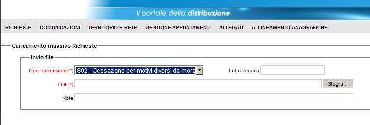 10.1.6 Caricamento richiesta/rettifica richiesta S02 (Flusso 0050) L invio di una richiesta di Cessazione Switching, tramite portale, avviene con la funzionalità a menu: RICHIESTE CARICAMENTO MASSIVO