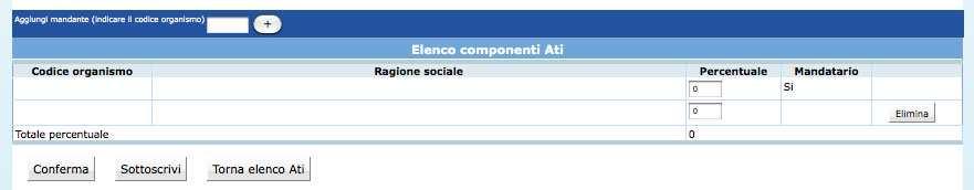 18 - Elenco componenti ATI Per aggiungere i Mandanti che fanno parte del Raggruppamento, utilizzare la funzionalità Aggiungi mandante : è sufficiente inserire il Codice Organismo del Mandante e