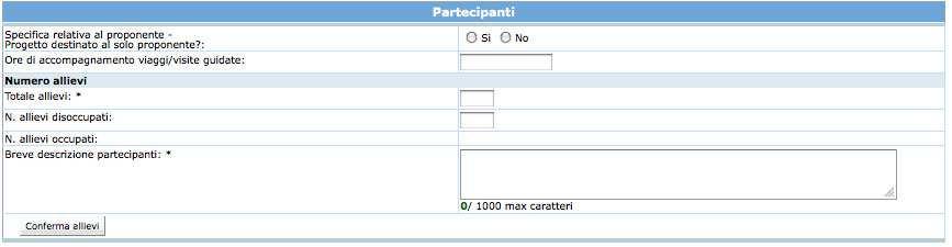 il numero totale dei partecipanti, specificando il numero degli allievi disoccupati (gli occupati verranno calcolati per differenza fra i due); una breve descrizione dei beneficiari del corso, ossia