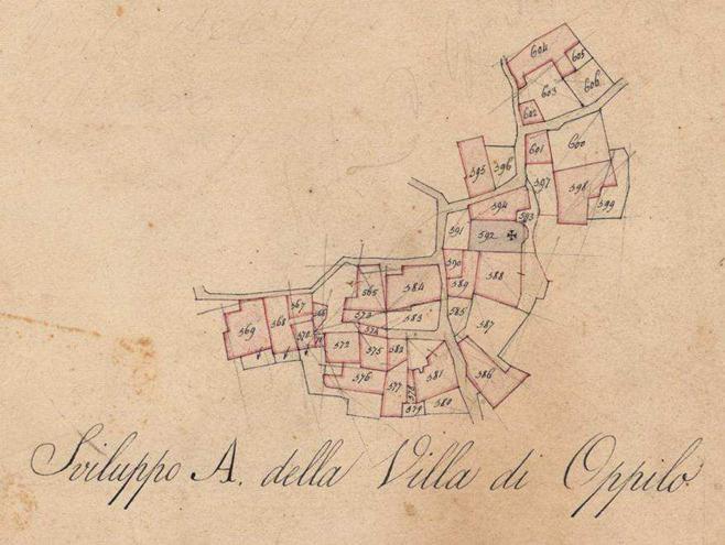 2 Descrizione : Il tessuto urbanistico del borgo di Oppilo risulta, dall analisi della cartografia del catasto leopoldino 1824 e delle tipologie e murarie e architettoniche, pressoché inalterato.