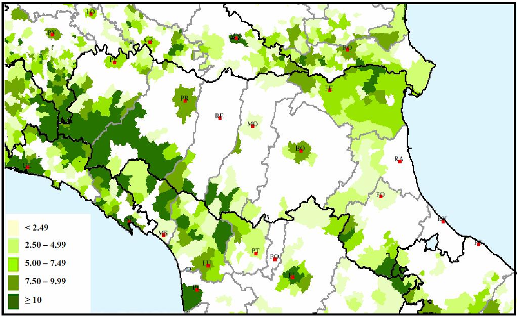 1.2 Armatura urbana e densità abitativa La popolazione complessiva residente nella provincia di Reggio Emilia alla fine del 2006 risulta essere pari a 501.385 abitanti con una densità di 219 ab/kmq.