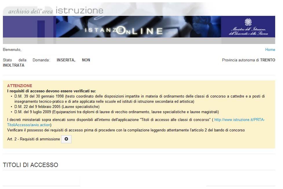 Nella parte superiore della pagina vengono riportati i riferimenti per verificare i requisiti di accesso.