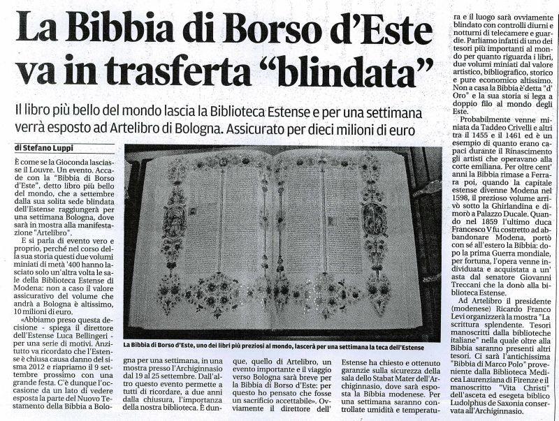 Estratto da Gazzetta di Modena del 4 luglio 2014 La celebre Bibbia di Borso d'este, il cui valore