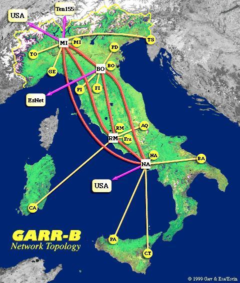 Rete GARR B fase II quadrati: nodi primari cerchi: nodi di accesso (PoP) linee