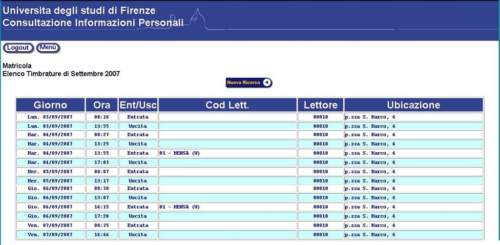 pag. 4 Le informazioni presenti sull applicativo In particolare le informazioni desumibili da ciascuna funzione sono le seguenti: Elenco timbrature del mese selezionato L applicativo indica, in