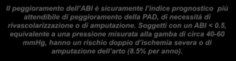 Rivascolarizzazione ed amputazione Il peggioramento dell ABI è sicuramente l indice prognostico più attendibile di peggioramento della PAD, di necessità di rivascolarizzazione o di