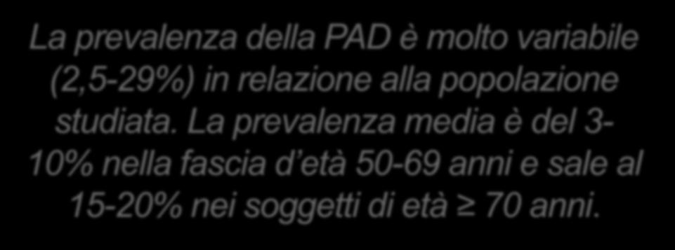 La prevalenza della PAD è molto variabile (2,5-29%) in relazione alla popolazione studiata.