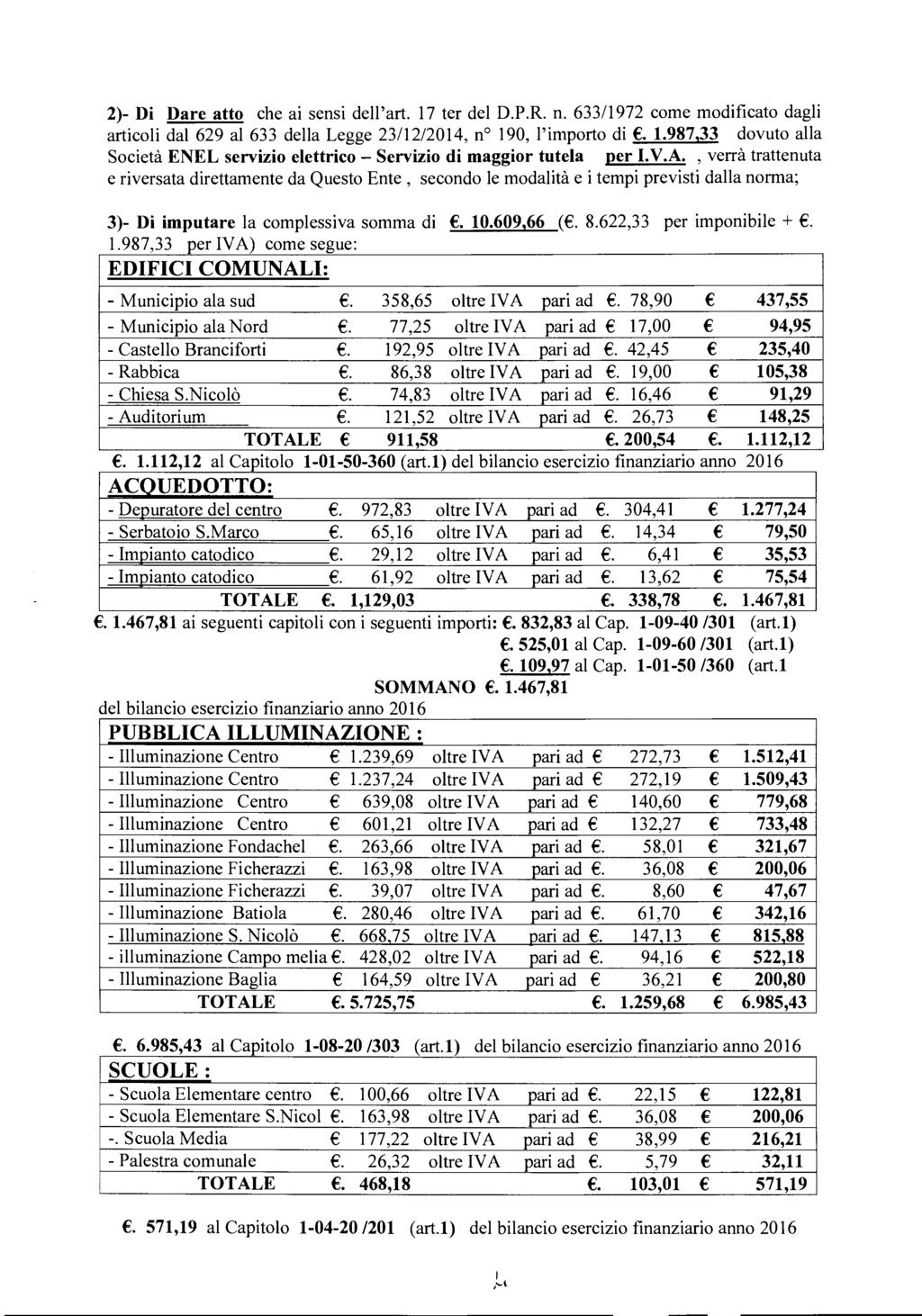 2)- Di Dare atto che ai sensi dell'art. 17 ter del D.P.R. n. 633/1972 come modificato dagli articoli dal 629 al 633 della Legge 23/12/2014, n 190, l'importo di E. 1.987,33 dovuto alla Società ENEL servizio elettrico - Servizio di maggior tutela per I.