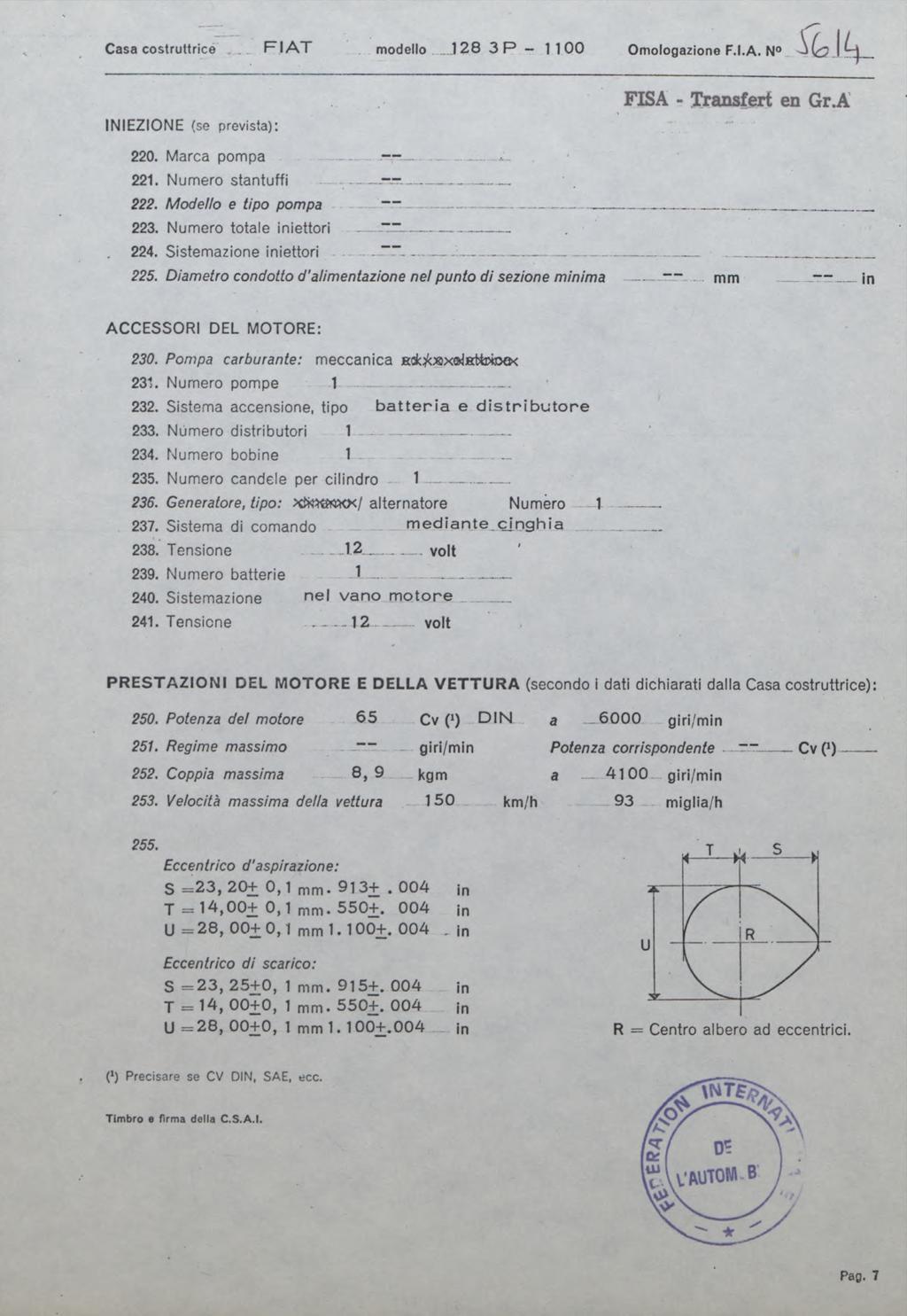 Casa costruttricé F I A T modello 128 3 P 1100 Omologazione F.I.A. N. INIEZIONE (se prevista); FISA - ITransfert en Gr.A 220. Marca pompa 221. Numéro stantuffi 222. Modello e tipo pompa 223.