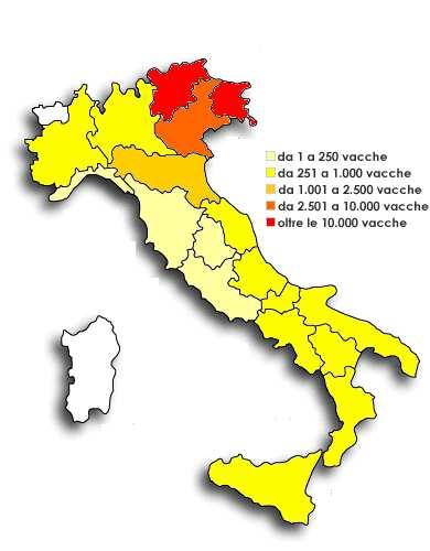 Tabella 3: Consistenza della P.R.I. nelle varie regioni d Italia (Fonte: Bollettino A.I.A.). N Bovine N Allevamenti Bovine 2009 2010 Differenza 2009 2010 Differenza Trentino A.A. 16.636 17.522 886 1.