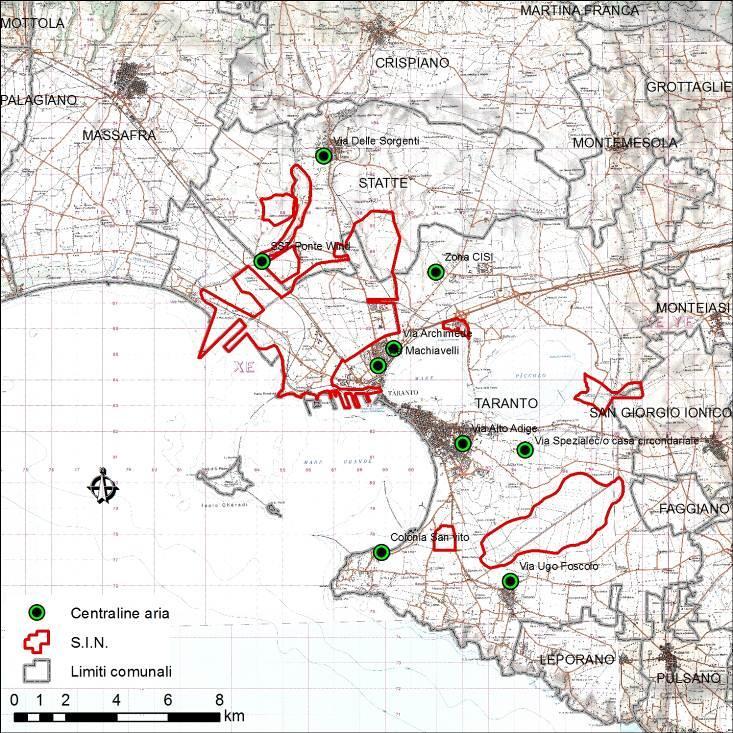 Figura - Localizzazione delle centraline di qualità dell aria site a Taranto e gestite da Arpa Puglia PROV COMUNE STAZIONE TIPO STAZIONE E (UTM33) N (UTM33) PM10 PM2,5 NO2 O3 C6H6 CO SO2 Machiavelli