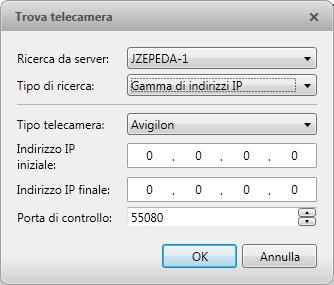 Nella finestra Cllegament/scllegament telecamere, tutte le telecamere Avigiln e ONVIF cllegate all stess segment di rete (subnet) vengn rilevate autmaticamente e appain nell'elenc Telecamere rilevate.