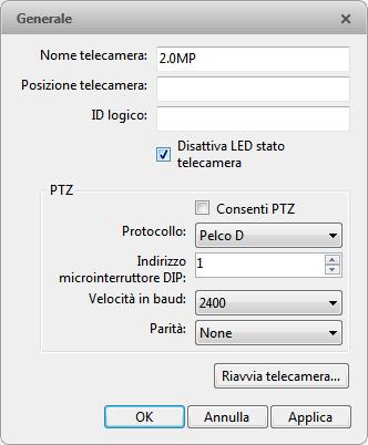 Avigiln Cntrl Center Enterprise Impstazine Identità della telecamera Nella finestra di dialg Generale della telecamera, è pssibile assegnarle un nme, descriverne la psizine e assegnarle un ID lgic.