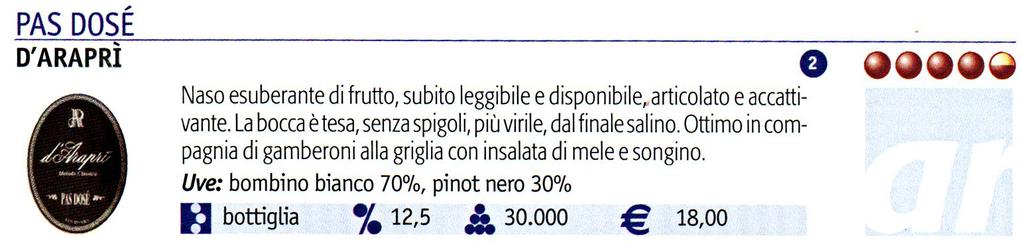 Annata: s.a. Denominazione: Vsq Uvaggio: bombino bianco 70%, pinot nero 30% Fermentazione: bottiglia Alcool: 12,00 % Voto: 4.5 / 5 Produzione: 30.