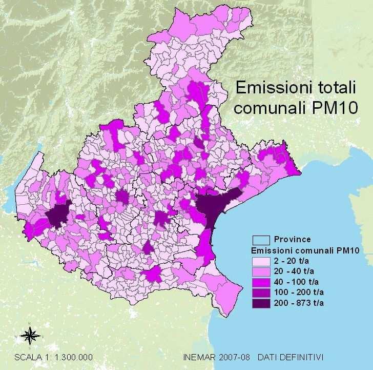 Figura 11: Emissioni totali comunali di PM10 (t/a), edizione 2007/8 versione definitiva