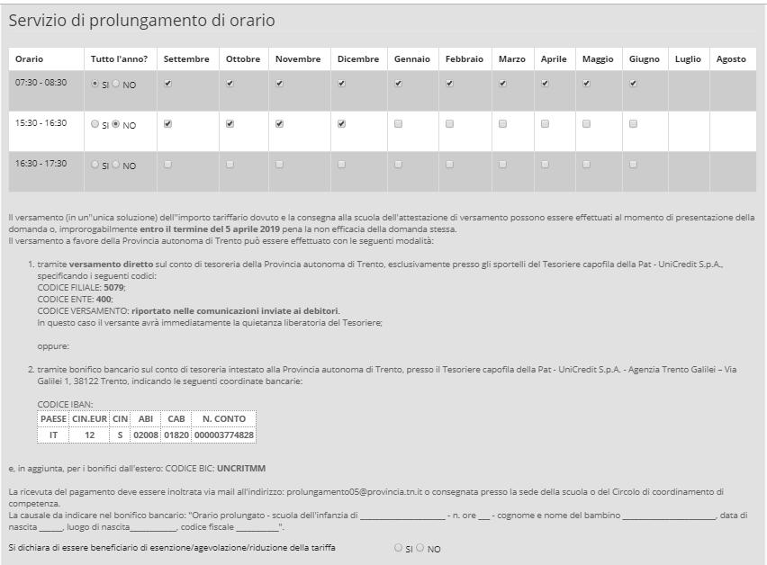 Servizio di prolungamento d orario E possibile specificare se si intende usufruire o meno del servizio. Se è stato selezionato SI viene chiesto di inserire i dati.