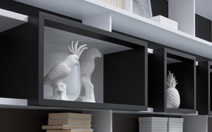 E-WALL BOISERIE Design: Estel R&D 3 - DIVISORI PER MENSOLE E CONTENITORI CUBO E-WALL BOISERIE CARATTERISTICHE TECNICHE Pannelli sp. 18 mm per divisori, ripianetti e struttura contenitori Cubo.