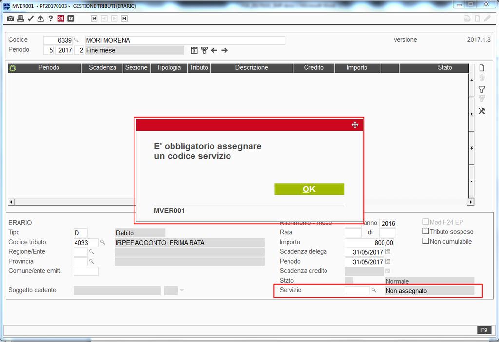 Come sopra detto, tale segnalazione è bloccante, ovvero non è possibile proseguire senza aver inserito il Codice servizio sul tributo.