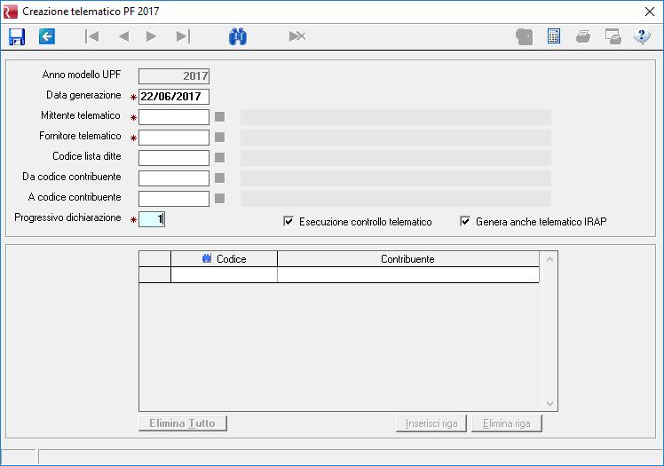 CREAZIONE TELEMATICO REDDITI 2017 PF/SP/SC/ENC/CNM/IRAP Creazione telematico Il programma, permette la predisposizione degli archivi telematici relativi alle dichiarazioni selezionate.