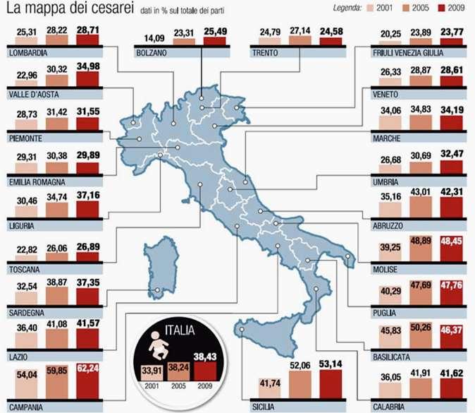 mappa dei cesarei in Italia - % del totale parti da Corriere