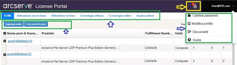 Esplorazione di Portale di licenze Arcserve Esplorazione di Portale di licenze Arcserve La pagina di destinazione di Portale di licenze Arcserve visualizza i seguenti campi: Barra superiore È