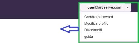 Gestione delle opzioni utente Gestione delle opzioni utente Nel lato superiore destro del Portale di licenze Arcserve, è possibile visualizzare il nome dell'utente connesso.