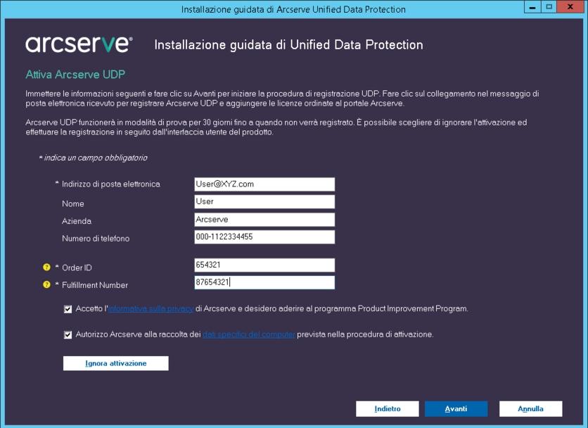 Attivazione delle licenze Arcserve UDP Attivazione di Arcserve UDP mediante un singolo programma di installazione Durante l'installazione del prodotto Arcserve, è necessario avviare il processo di