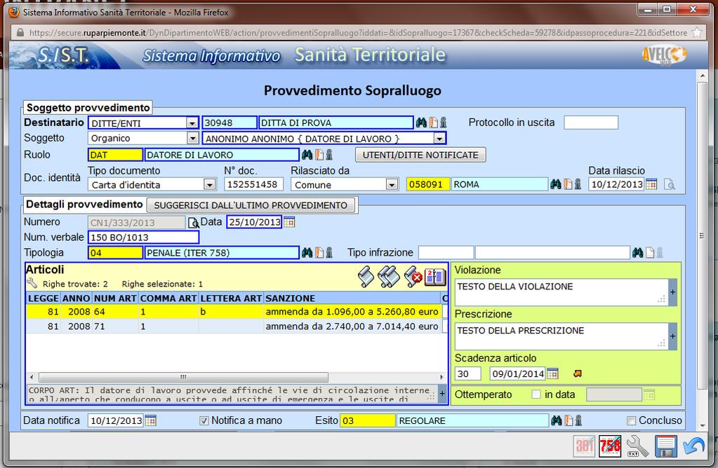 3 Protocollo in uscita: può essere inserito il numero di protocollo della notifica via posta del verbale o il protocollo della notizia di reato (facoltativo) Di