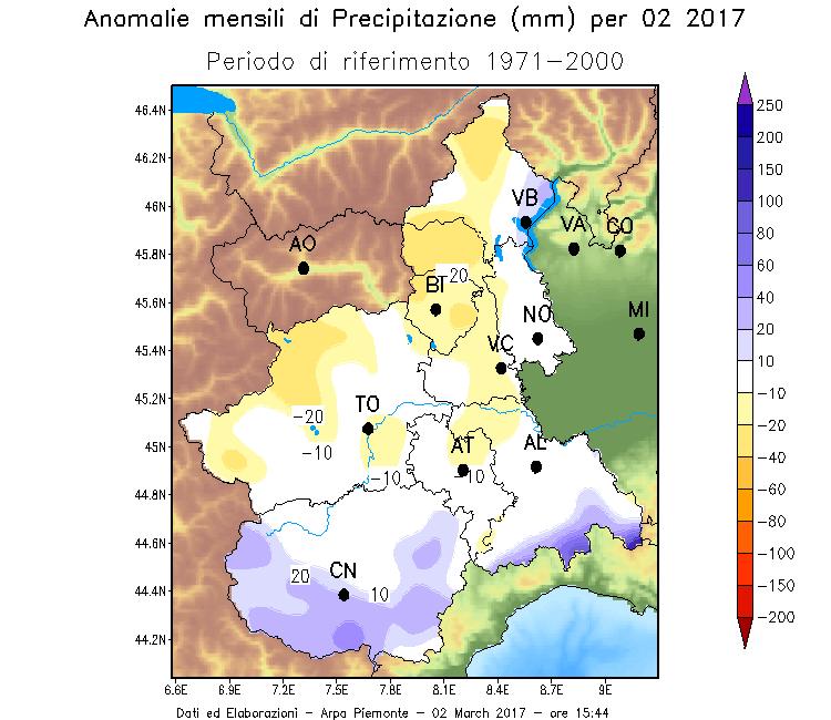 Figura 8 Anomalia della precipitazione mensile nel mese di febbraio 2017 rispetto alla norma del periodo 1971-2000. Elaborazione ARPA Piemonte.